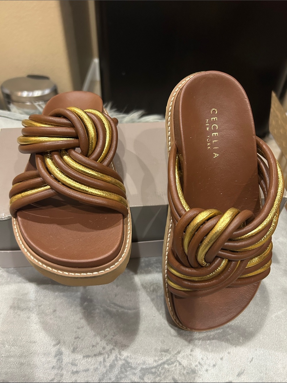 CECILIA NEW YORK Brown and Gold Knotted Slide Sandals